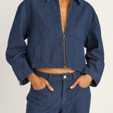 Pinstripe Cropped Jacket - Indigo